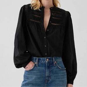 Gap Black Puff Sleeve Lace Trim Shirt SZ XL Peasant Bohemain NWT